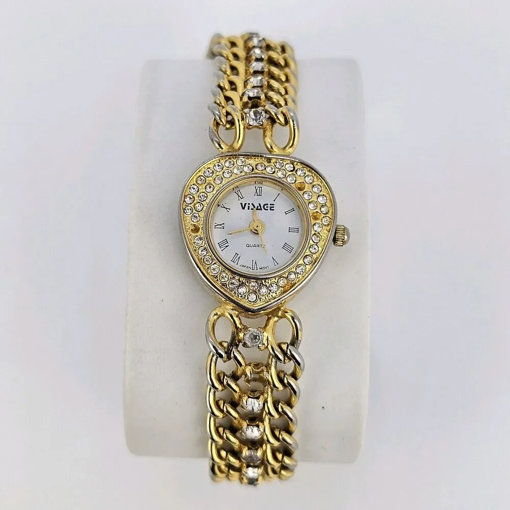 Visage Women's Watch Hearts 21MM White Dial Gold Bracelet Band 6.5